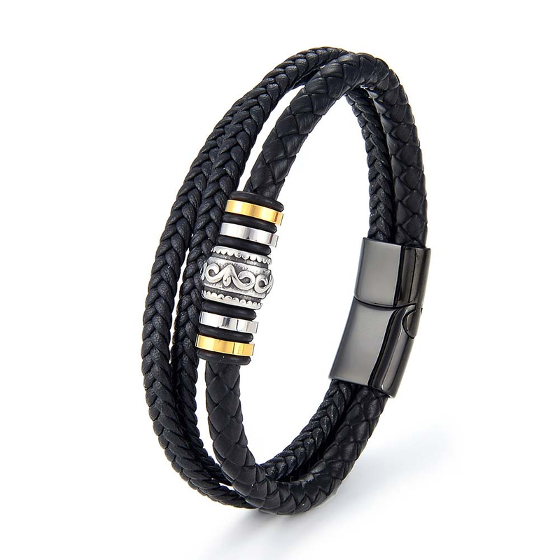 Fiasrel Men's Fashion Stainless Steel Multi-layer DIY Leather Bracelet Braided Rope Leather Titanium Steel Bracelet