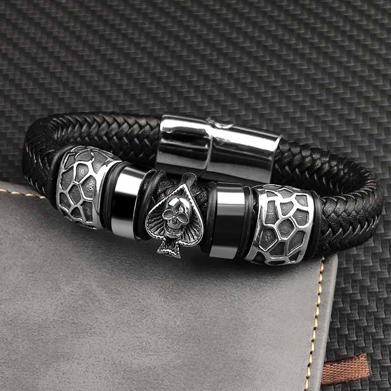 Fiasrel Retro Multi-layer Leather Supper Fiber Woven Titanium Steel Ghost Head Magnetic Bracelet