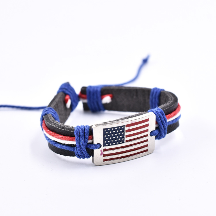 Fiasrel Adjustable American Flag Cowhide Woven Bracelet Red White And Blue Flag Wax Leather Bracelet