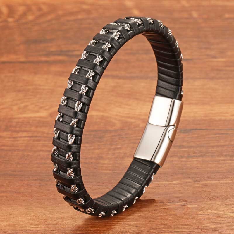 Fiasrel Vintage Charm Bracelets Stainless Steel Fancy Braided Leather Bracelet