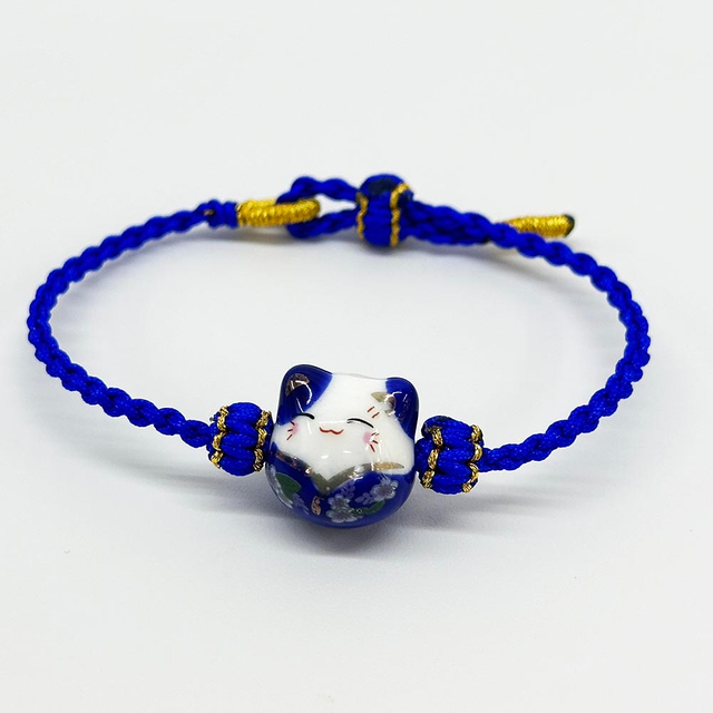 Fiasrel Lovely Colorful Lucky Cat Bracelet Simple Handmade Braid Rope Bracelet Cute Ceramic Cat Bracelet 