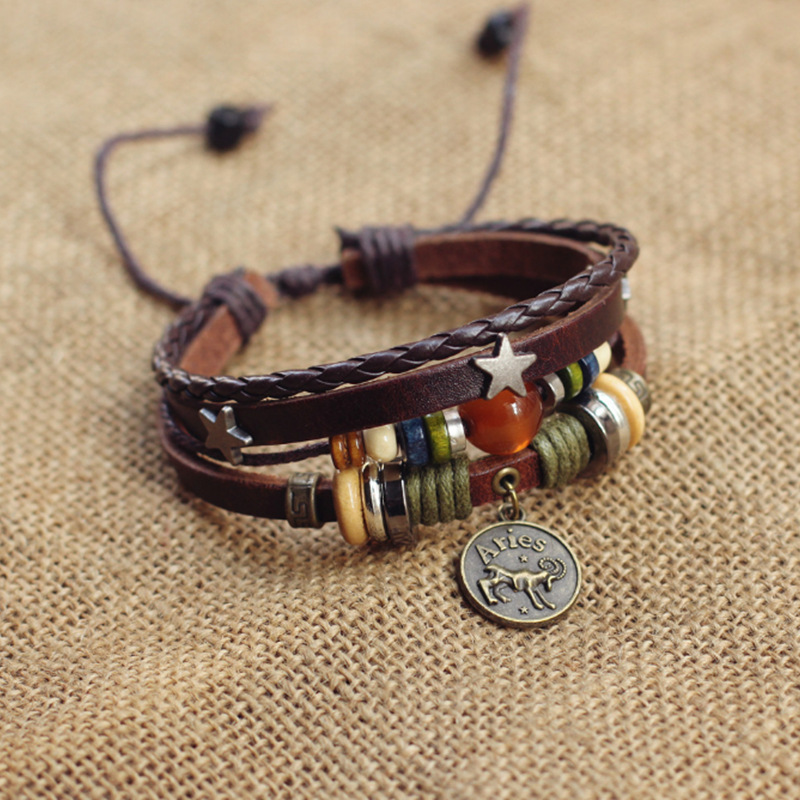 Fiasrel 12 Constellations Bracelet Red Agate Bracelet Punk Retro Rivet Jewelry Unique Multi layered Bracelets