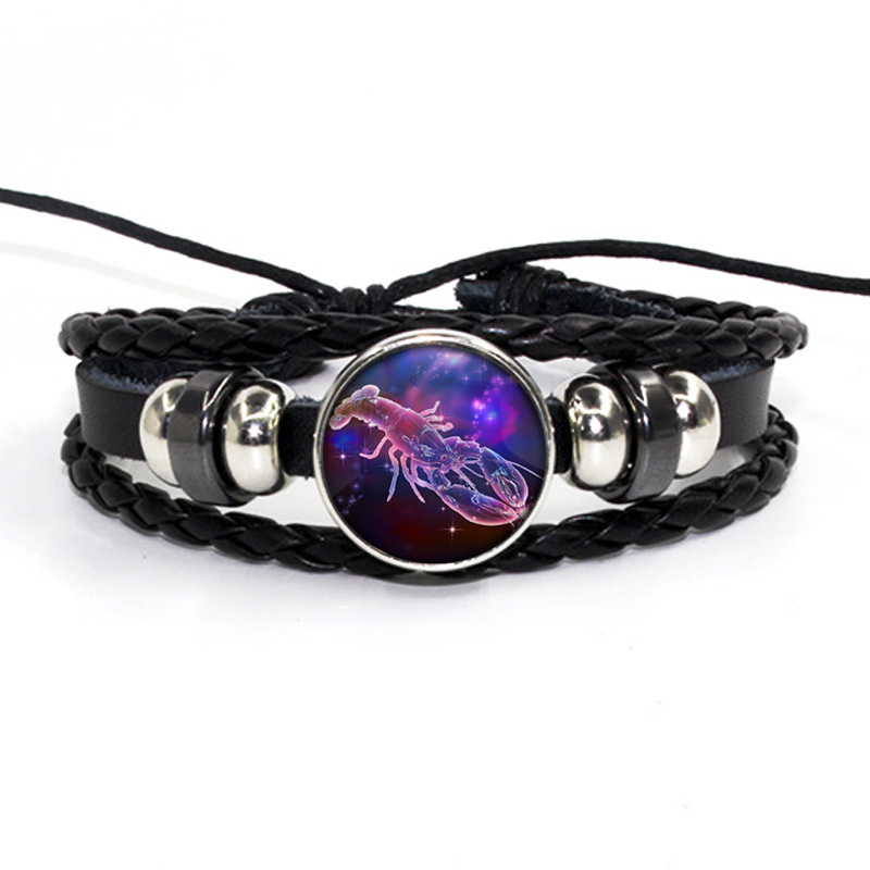 Fiasrel 12 Zodiac Signs Glow In Dark Charm Bracelet Men's and Women's Fashion Multi-layer Luminous Woven Leather Couple Bracelets