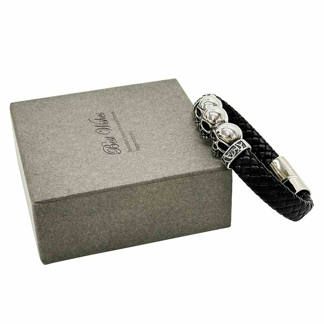 Fiasrel Genuine Leather Braided Cuff Bracelet Stainless Steel Skull Clasp Men Bracelet Jewelry