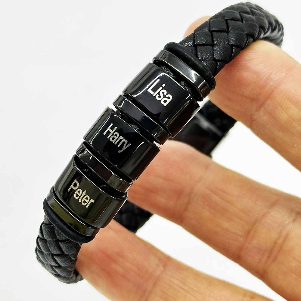 Fiasrel Custom Weave Man Leather Bracelet Stainless Steel Personalized Engraved Name Bead Bracelet for Men Jewelry