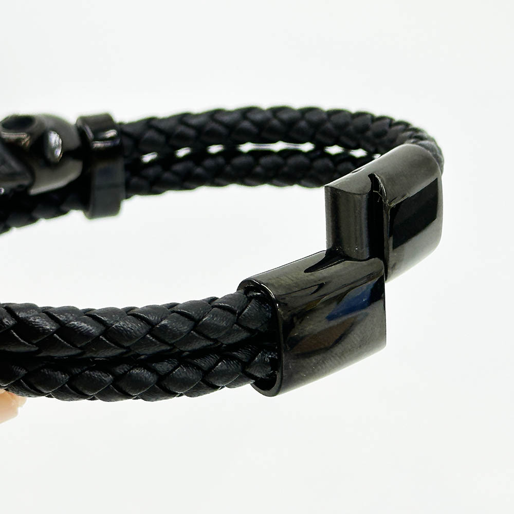 Fiasrel Stainless Steel Skull Beads Real Genuine Leather Bracelet Charm Skeleton Men Punk Bangle Jewelry