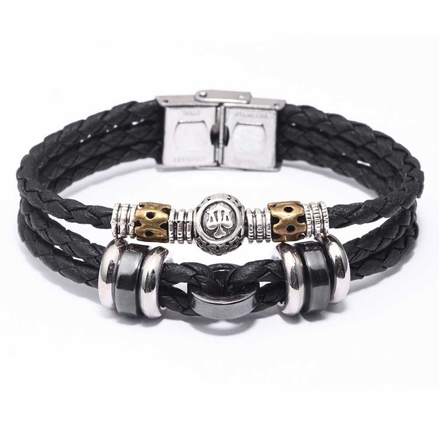 Fiasrel Jewelry Multilayer PU Braided Leather Rope Stainless Steel Beaded Bracelet 12 Zodiac Sign Bracelet