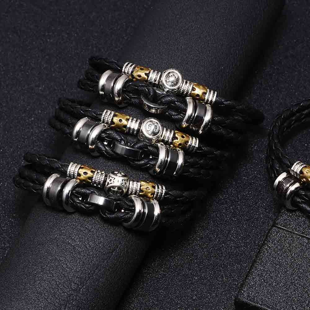 Fiasrel Jewelry Multilayer PU Braided Leather Rope Stainless Steel Beaded Bracelet 12 Zodiac Sign Bracelet