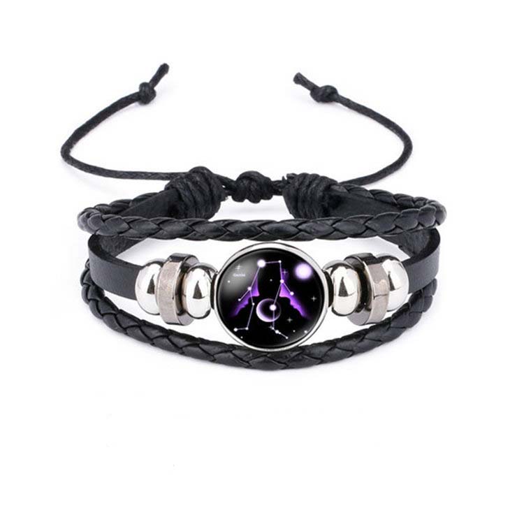 Fiasrel Handmade Adjustable PU Leather Charm Glow In Dark Horoscope 12 Zodiac Signs Bracelet