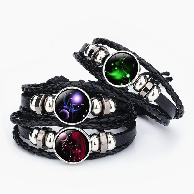 Fiasrel Handmade Adjustable PU Leather Charm Glow In Dark Horoscope 12 Zodiac Signs Bracelet