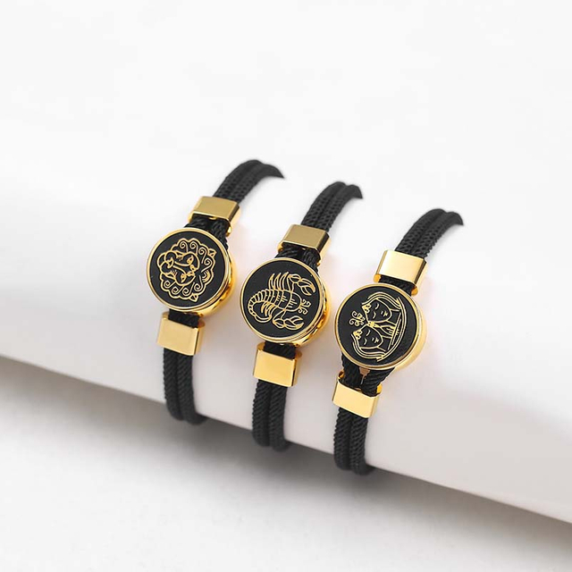 Fiasrel 12 Constellations Zodiac Sign Charm Rope Leather Adjustable Cord Bracelet Titanium Steel Retro Black Rope Bracelet
