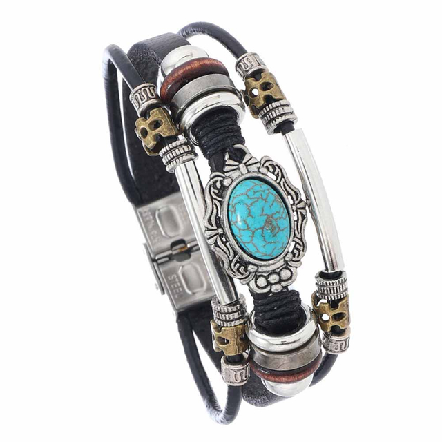 Fiasrel Beaded Leather Bracelet Men's Turquoise Stainless Steel Bracelet