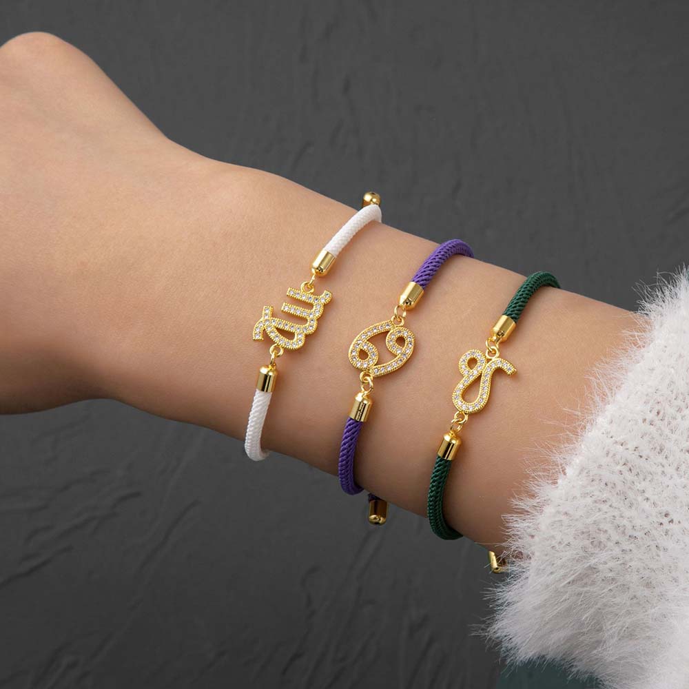 Fiasrel 18K Gold Plated Zodiac Sign Slide String Cord Friendship Bracelet Astrology Horoscope Bracelets