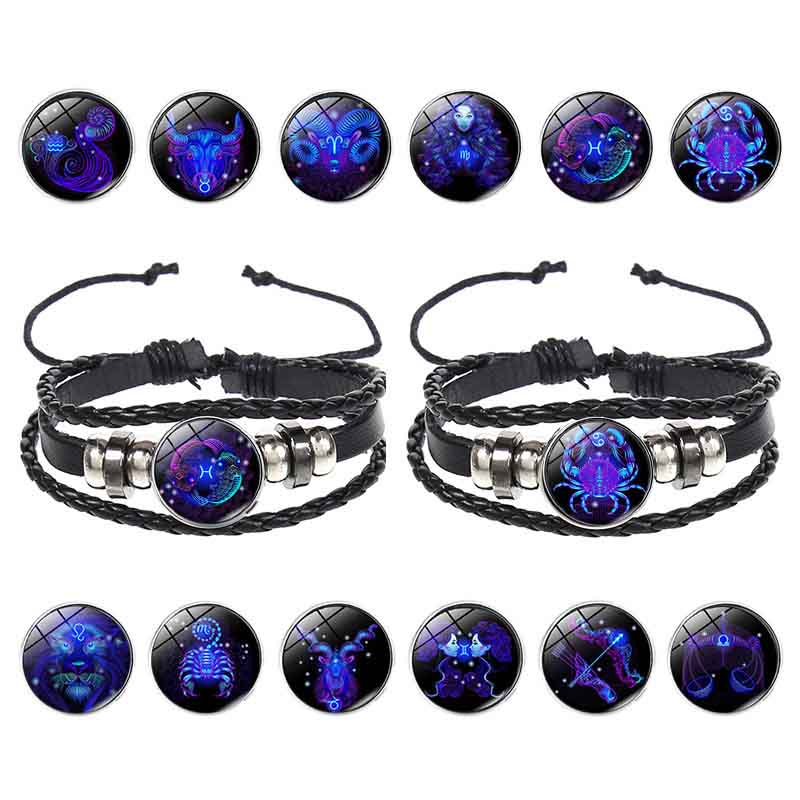 Fiasrel Adjustable Leather Night Light Luminous 12 Constellations Jewelry Zodiac Bracelet