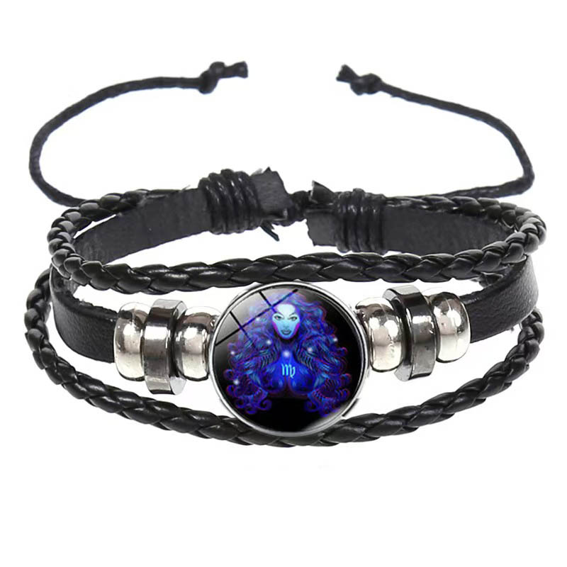 Fiasrel Vintage Punk Rock Leather Bracelet 12 Constellation Multilayer Colorful Strap Wristband Knitting Bracelet