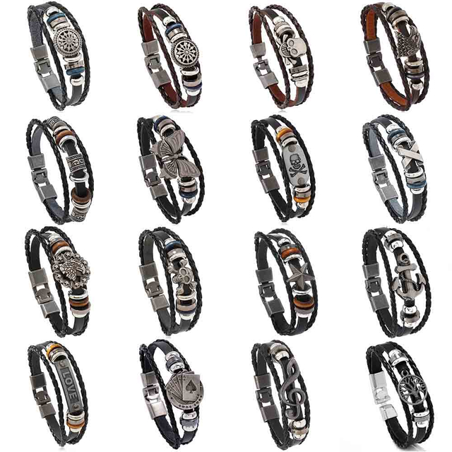 Fiasrel Vintage Leather Bracelet Retro Punk Leather Braided Bracelet Sea Rover Style Men's Leather Bracelet
