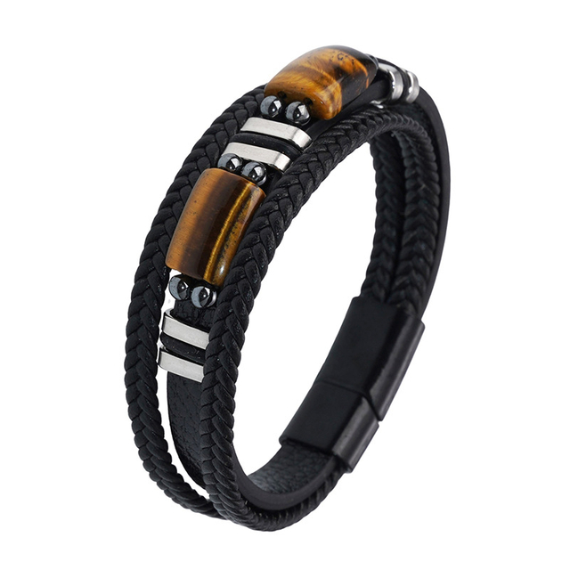 Fiasrel Multi-layer Natural Tiger Eyes Stone Leather Alloy Magnetic Clasp Bracelet Charm Jewelry