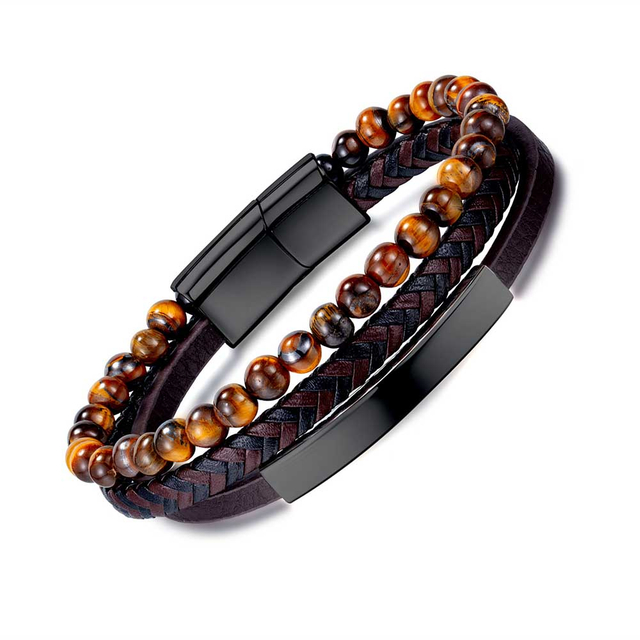 Fiasrel Leather Tiger-Eye Beads Bracelet Men Engraved Adjustable Magnetic Clasp Steel Wristband Braide Bracelet