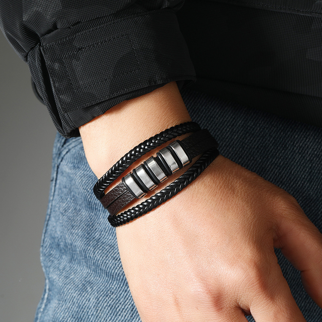 Fiasrel Mens Stainless Steel Bracelet Black Multi Layer Braided Genuine Leather Bracelet