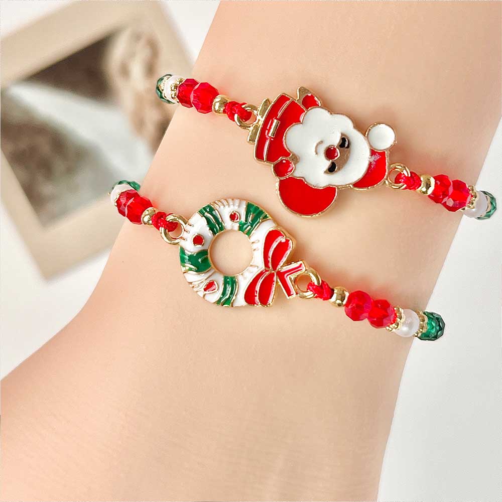 Fiasrel 12pcs Adjustable Alloy Enamel Woven Bracelet Kit with Christmas Charms Santa Claus Reindeer Christmas Tree Gold Plated