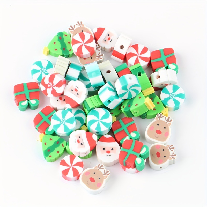 Fiasrel 100pcs Christmas Tree Santa Claus Bracelet Necklace Jewelry Making Flat Polymer Clay Spacer Beads Kit