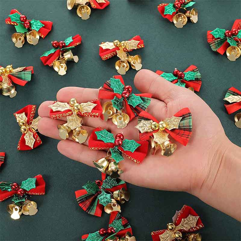 Fiasrel 5/20pcs Mini Bow Christmas Tree Decoration Christmas Bow Bell Handmade Ribbon Hanging