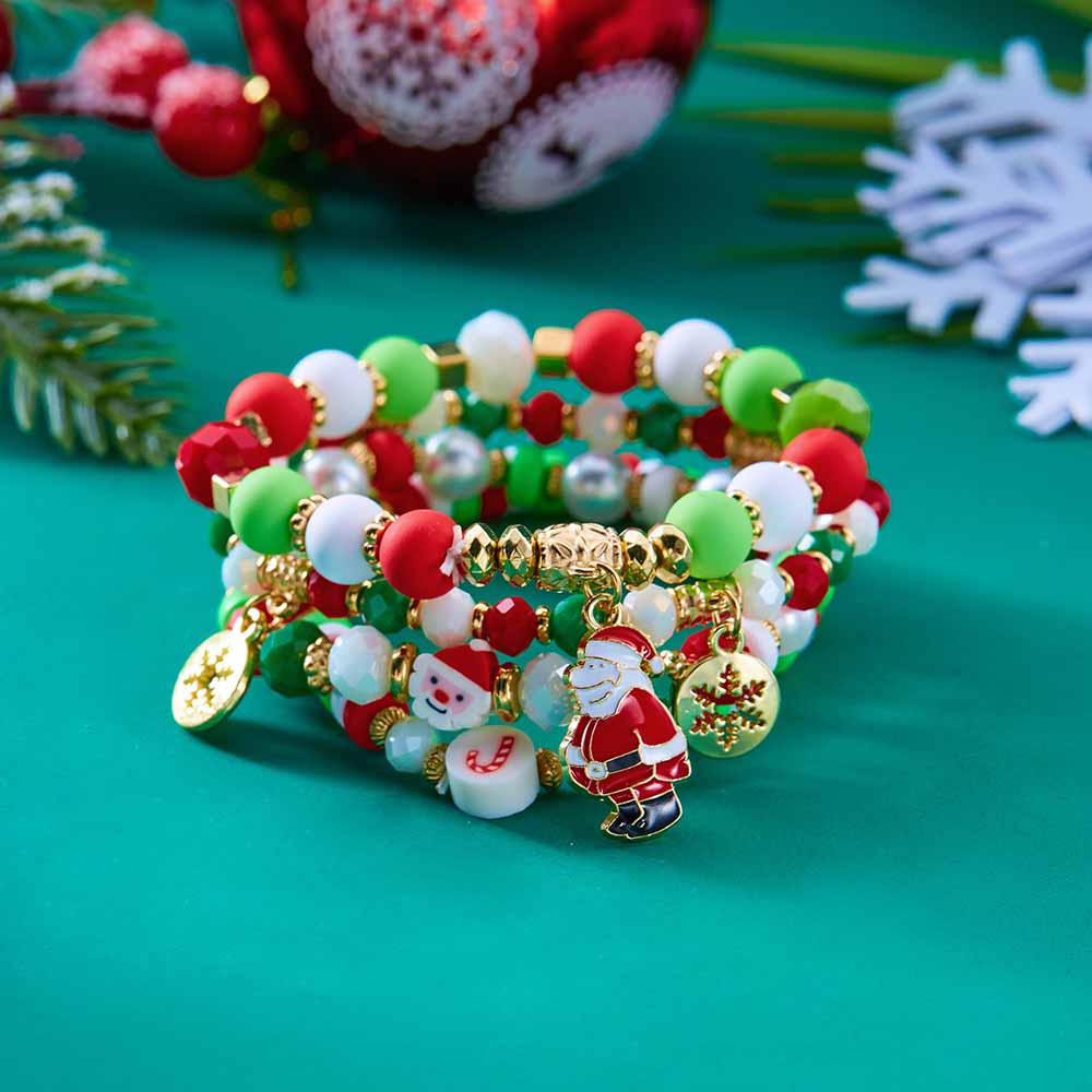 Fiasrel 4pcs/set Christmas Beaded Bracelet Snowman Christmas Tree Old Man Antlers Gift Pendant Bracelets