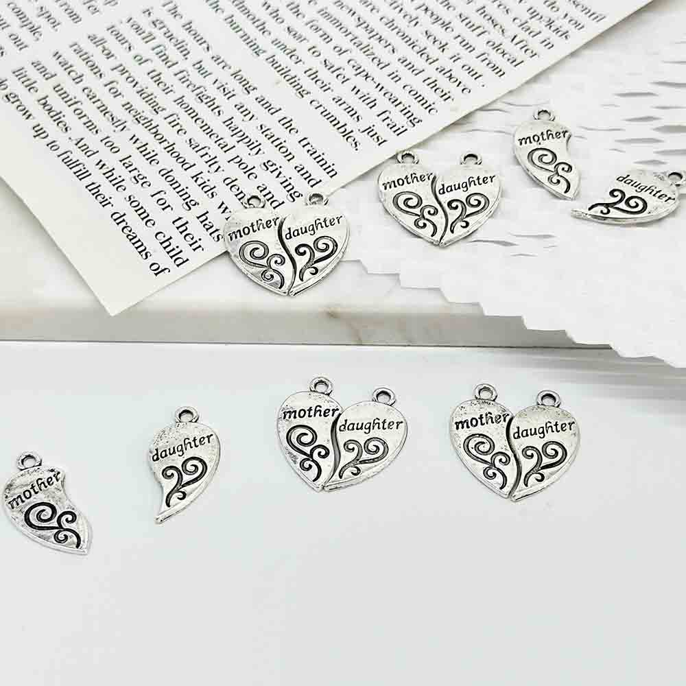 Fiasrel 10pcs DIY Jewelry Accessories Alloy Letter Charms Broken Heart Double Pendants Mother Daughter Engraved Beads