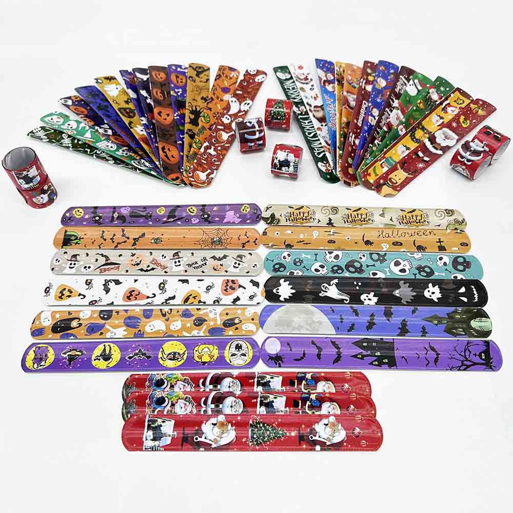 Fiasrel 24/36/48pcs PVC Halloween Christmas Slap Bracelet Wristbands for Kid Children Party Gift Friends