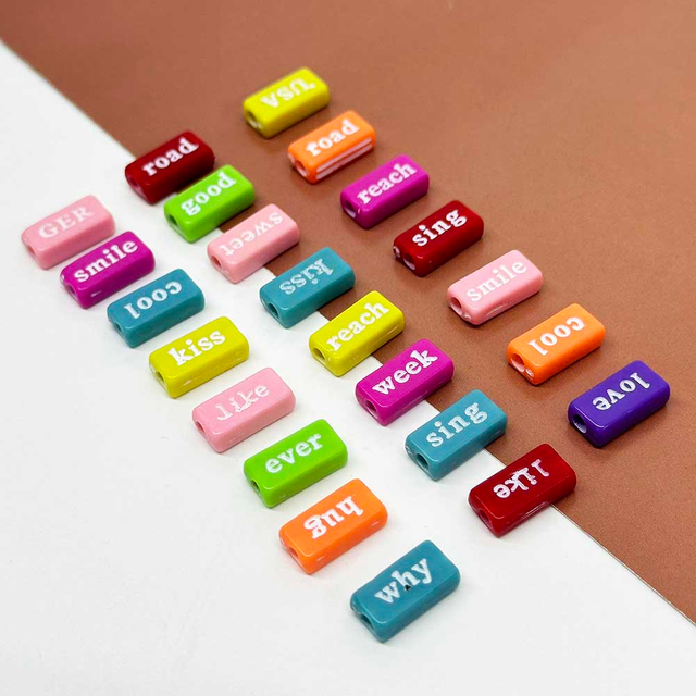 Fiasrel 50/100/500pcs Mixed Color Rectangle Word Phrase Acrylic Beads for DIY Jewelry Making Bracelets Necklaces Craft Supplies
