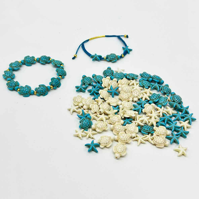 Fiasrel 1 Box 100pcs Artificial Turquoise Turtles Starfish Shape Beads for Making Bracelets Necklaces Earrings Keychains Pendants Accessories