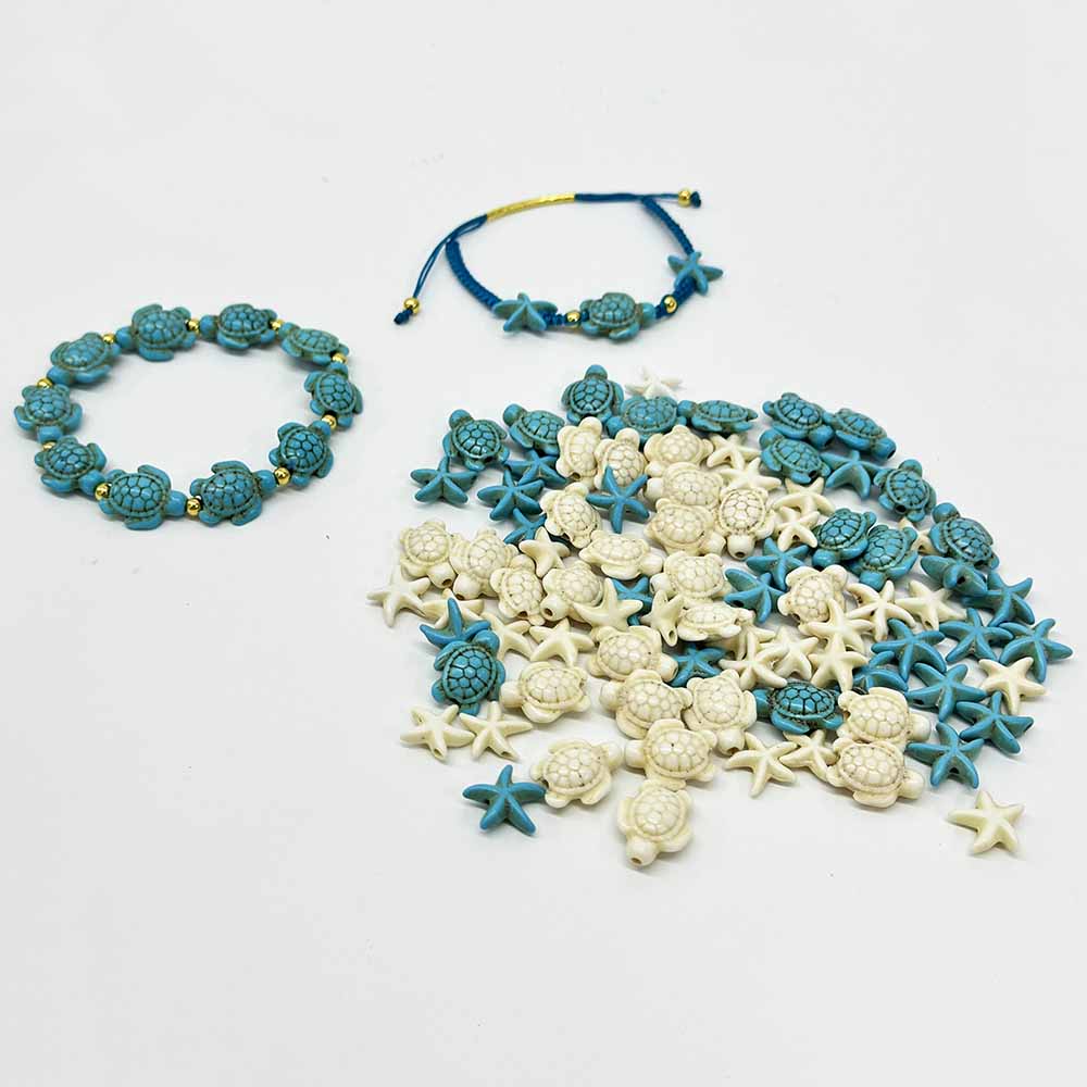 Fiasrel 1 Box 100pcs Artificial Turquoise Turtles Starfish Shape Beads for Making Bracelets Necklaces Earrings Keychains Pendants Accessories