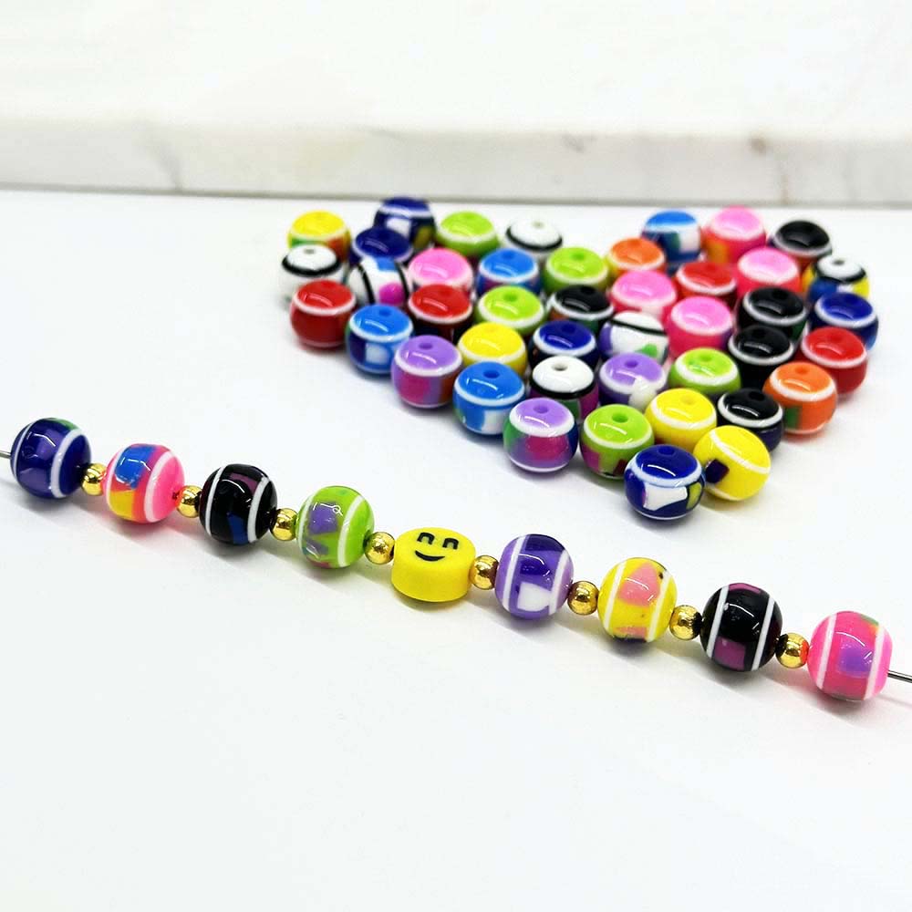 Fiasrel 50pcs 6/8/10mm Rainbow Round Shape Spacer Beads Mix Stripe Resin Beads for Or DIY Jewelry Making Crafts Supplies