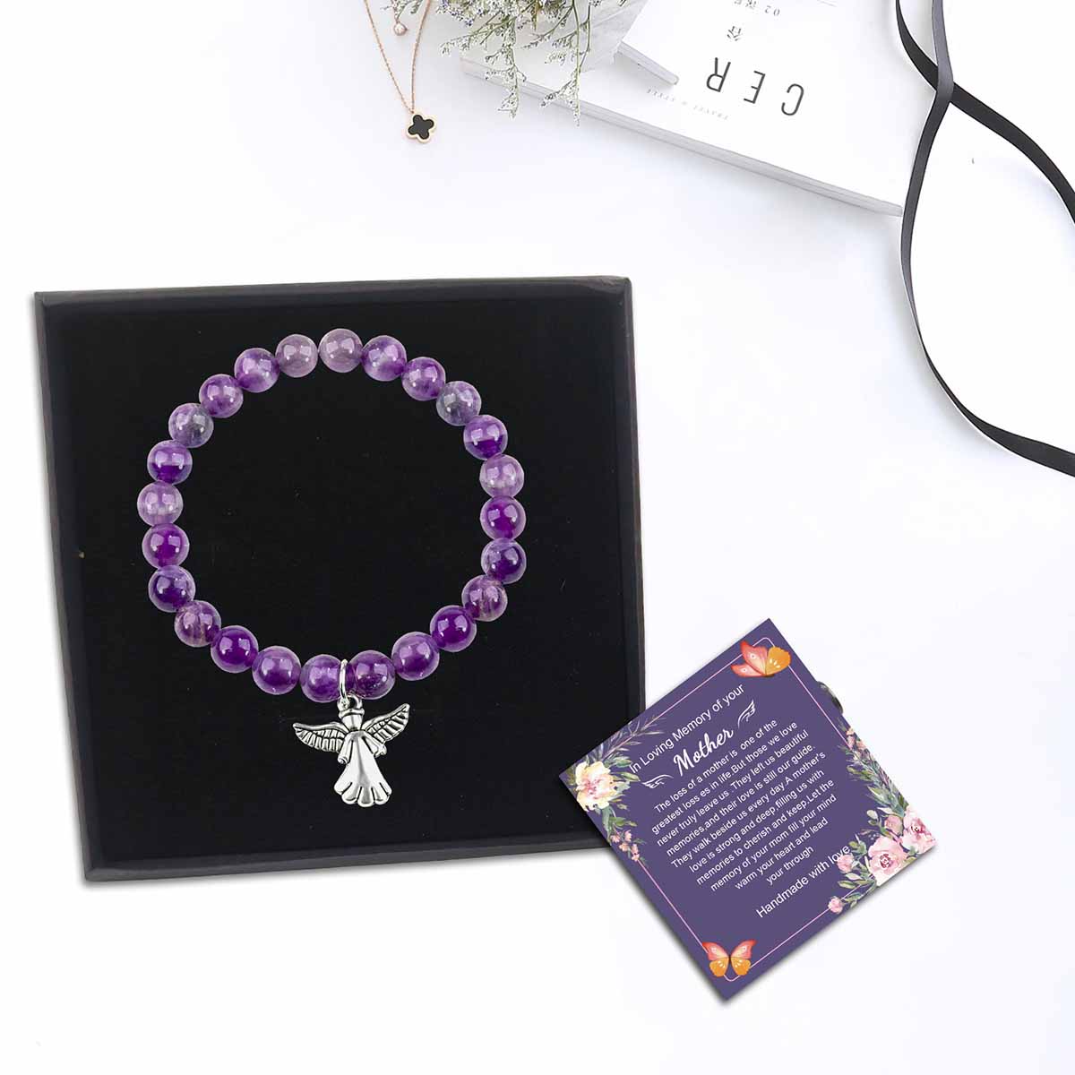 Fiasrel Mother's Day Mom Gift Angel Pendant Bracelet Amethyst Bracelet Obsidian Agate Stone Beads Cards Bracelet 