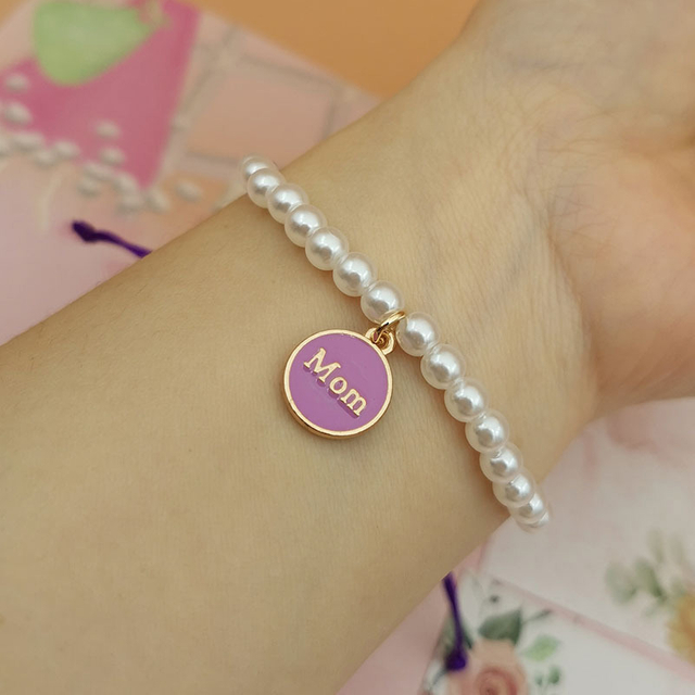 Fiasrel Plate Engraved Name Bracelet Pearl Beaded Elastic Bracelets