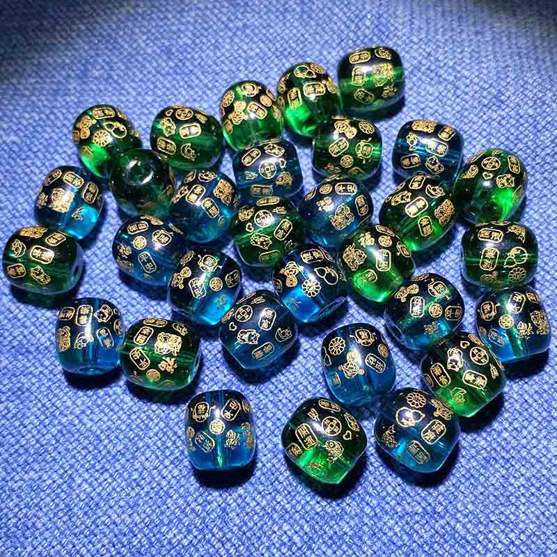 Fiasrel Auspicious Inscription Beads - Green Crystal Barrel Beads & Blue Crystal Date Beads with Engraved Blessings