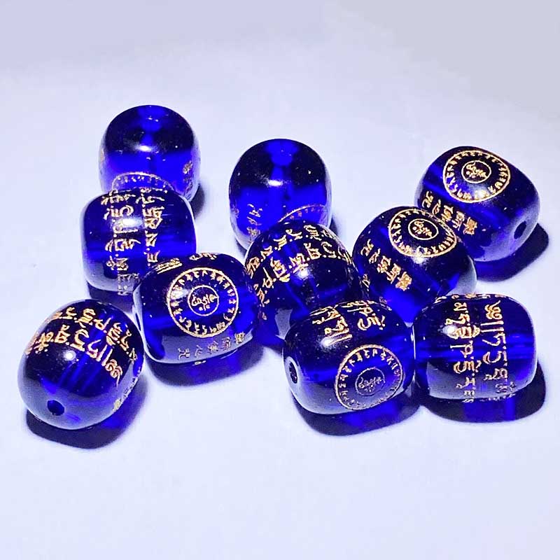 Fiasrel Medicine Buddha Mantra Barrel Beads | Blue Dharani Engraved Beads | DIY Prayer Bracelet Kit with Sacred Script Spacers