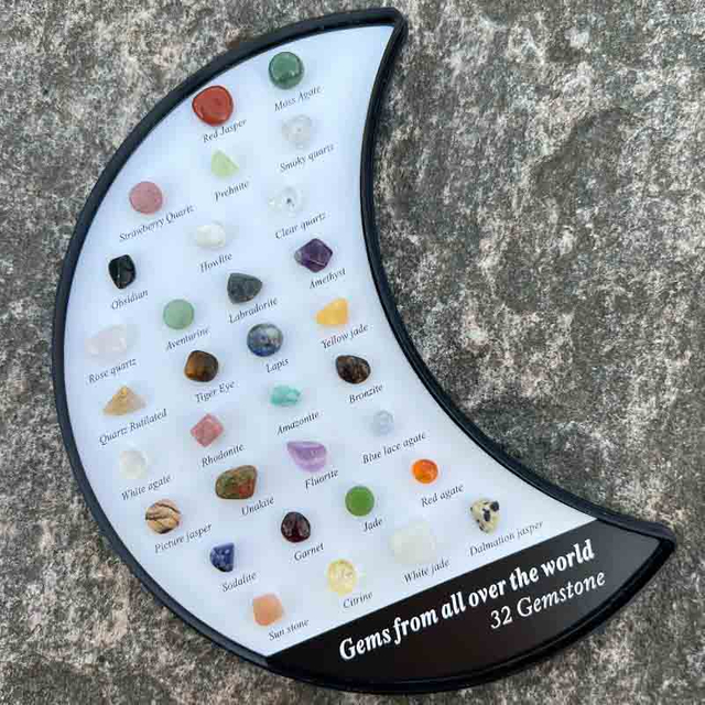 Fiasrel 32-Piece Moon-Shaped Mineral Collection – Natural Crystals, Agates & Gemstones for Geology Education & Christmas Gifting