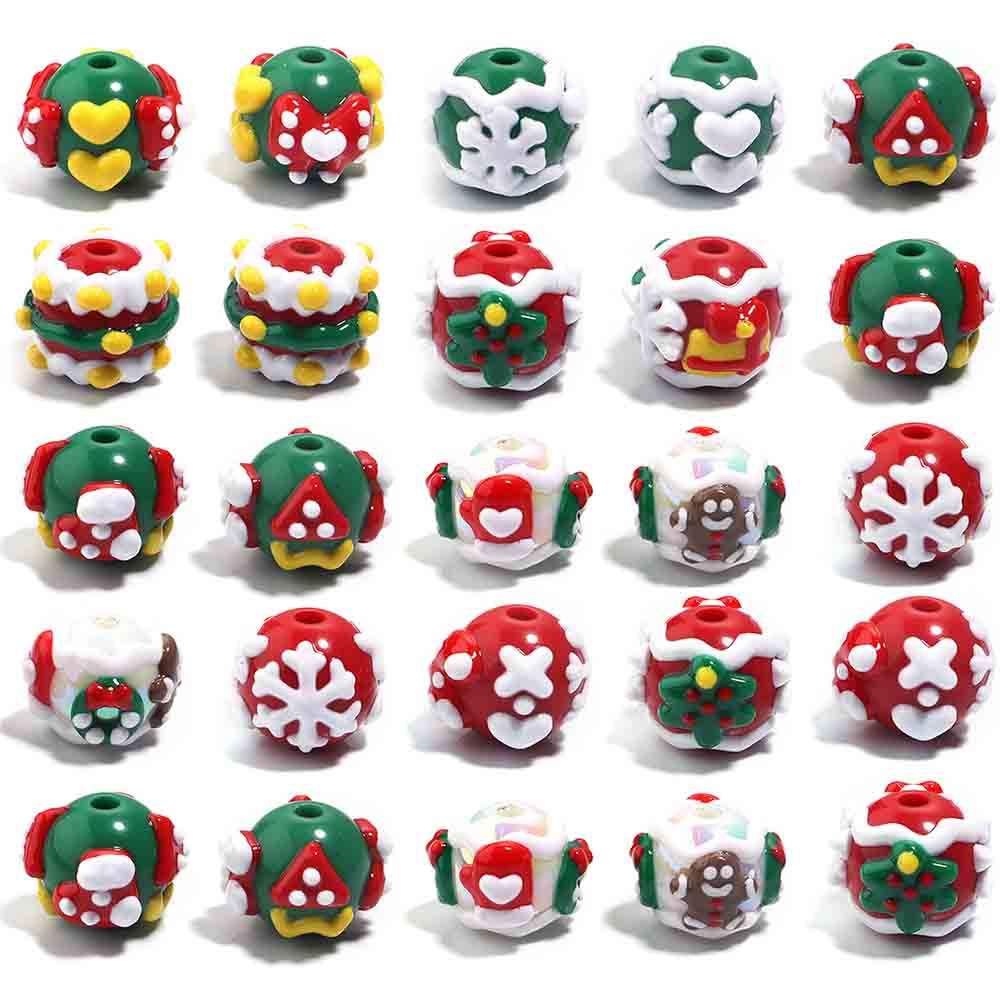 Fiasrel 5pcs 15mm Acrylic Christmas Beads Hand Painted Snowflake Christmas Tree Beads Diy Bracelet Necklace Mobile Phone Chain Beads for Jewelry Making Crafts