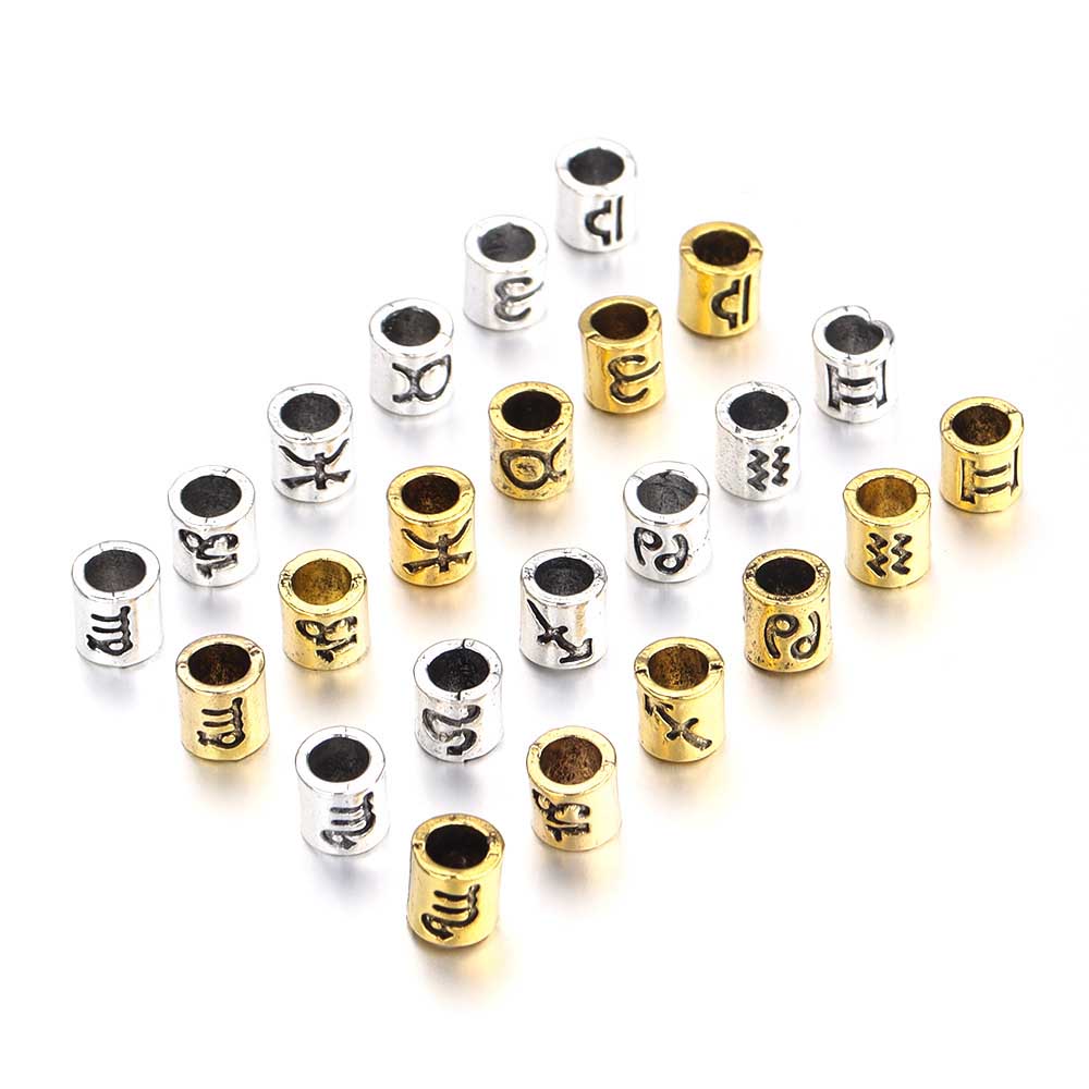 fiasrel 1bundle 60pcs/pack - 12 Zodiac Large Hole Beads for DIY Bracelet Spacer Beads, Antique Silver Plated Bead Accessories