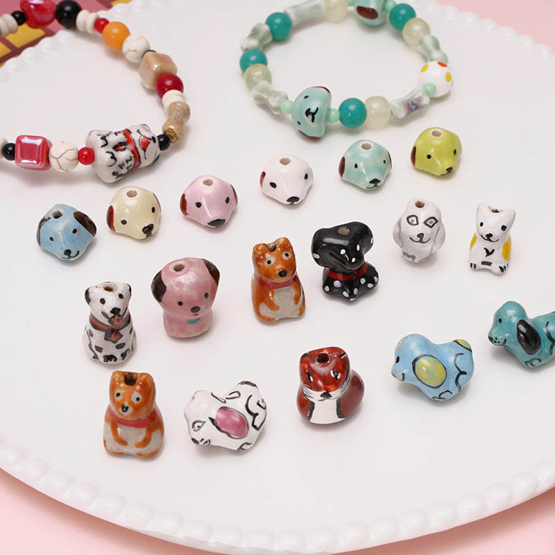 fiasrel 1bundle Hand-Painted Cute Standing Dog & Fox Ceramic Beads DIY Craft Supplies for Handmade Bracelets & Jewelry Making
