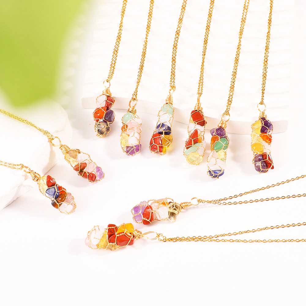 fiasrel Rainbow Stone Net Necklace Genuine Natural Crystal Chip Pendant with Handcrafted Copper Wire Wrapped Collarbone Chain