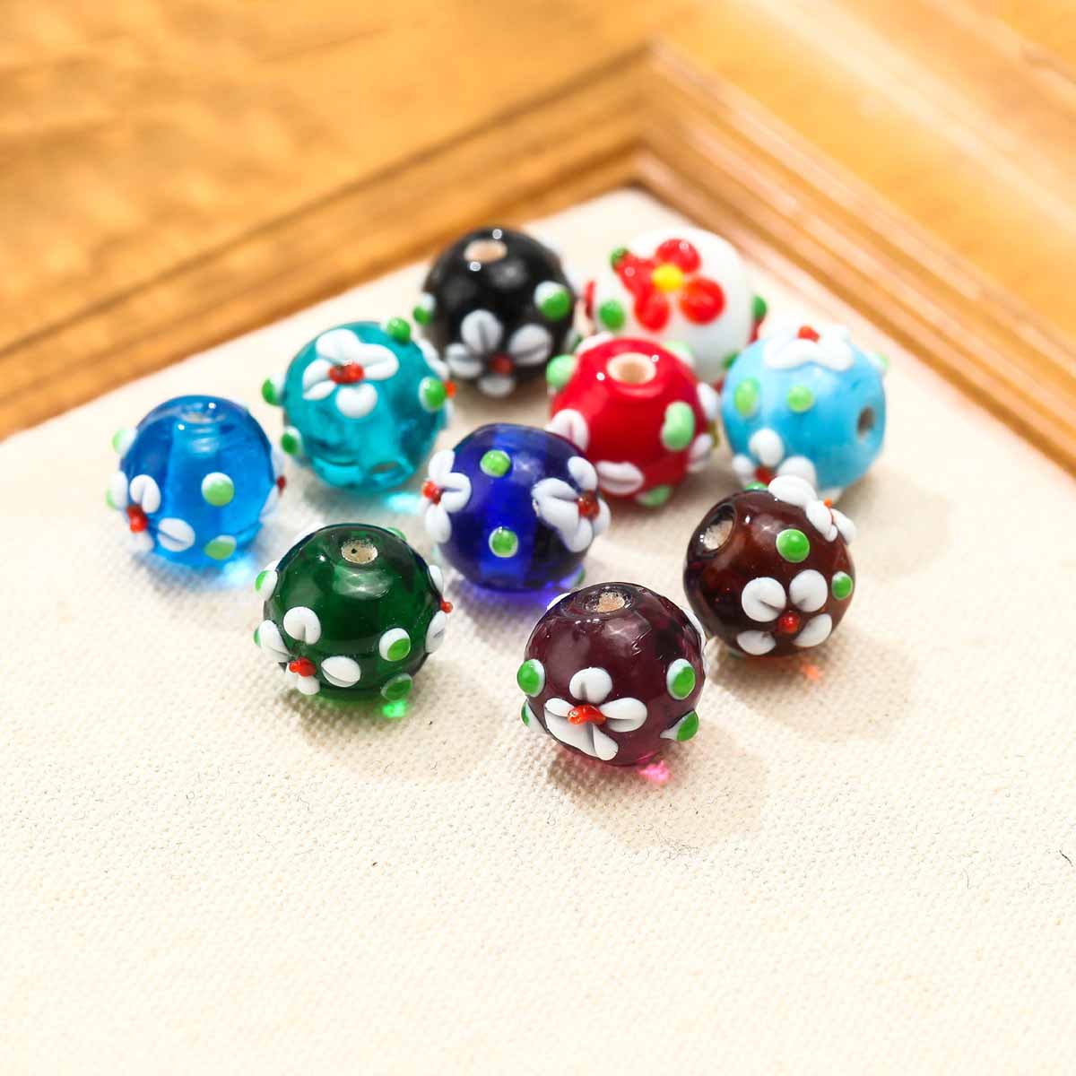 fiasrel 1bundle 12mm Japanese-style Glass Beads - New Floral Cut Colorful Exterior-embedded Floral Glass Beads for DIY Jewelry Accessories