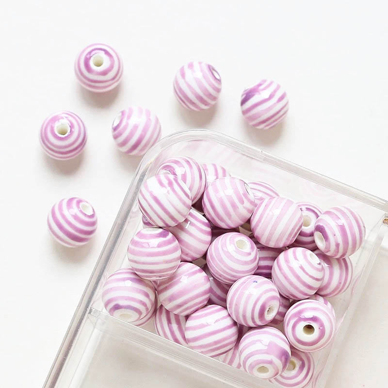 fiasrel 1bundle Playful Striped Color-Blocking Straight-Hole Round Ceramic Beads DIY Handmade Jewelry Supplies for Bracelets & Necklaces