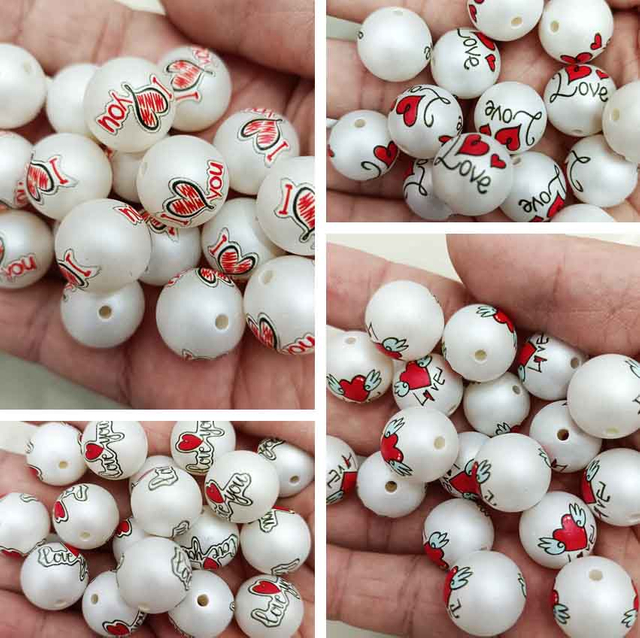 fiasrel 1bundle 16mm Matte Printed LOVE Heart Beads – Stylish Round Beads for DIY Jewelry