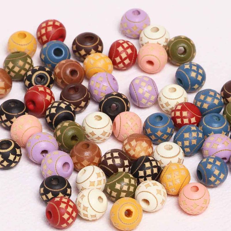 Fiasrel Hand-Carved Wooden Beads with Ethnic Patterns 