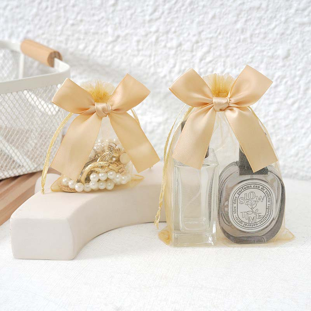 Fiasrel 10pcs Bow transparent mesh jewelry bag