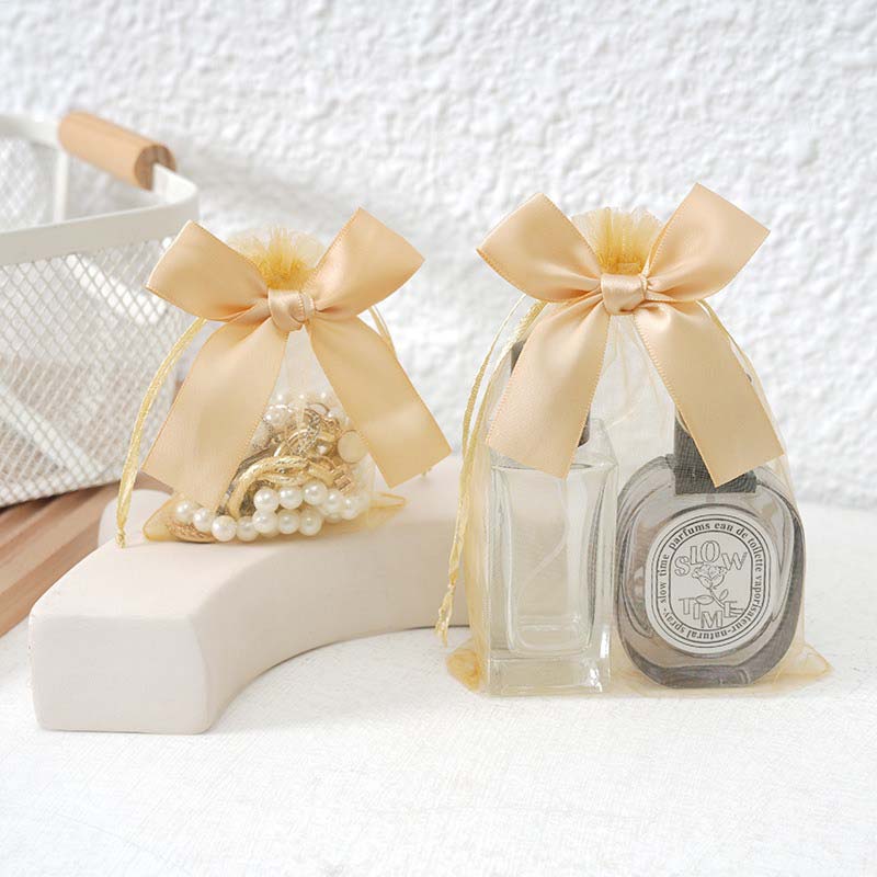 Fiasrel 10pcs Bow transparent mesh jewelry bag