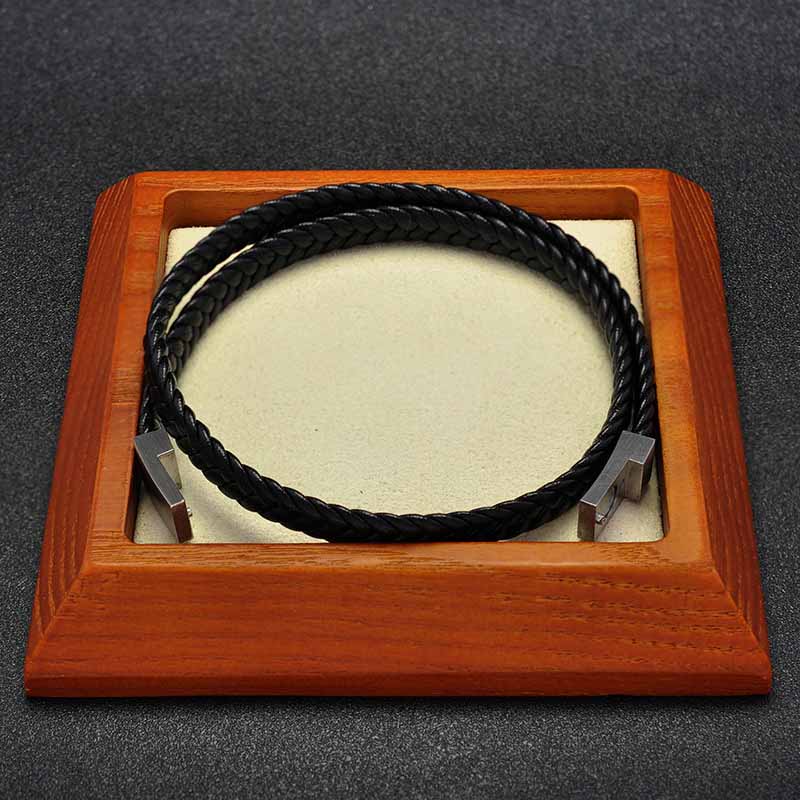 Fiasrel Vintage Double Layer Synthetic Woven Black Leather Magnetic Stainless Steel Wrap Bangle Bracelet for Men