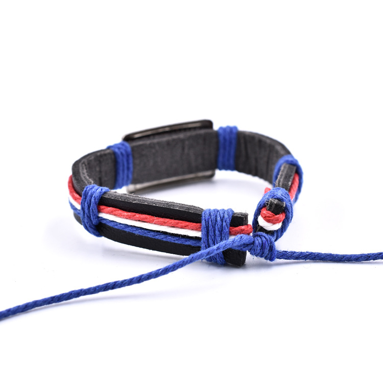 Fiasrel Adjustable American Flag Cowhide Woven Bracelet Red White And Blue Flag Wax Leather Bracelet